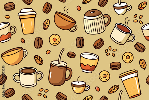 Delightful coffee themed pattern with cups, mugs, beans and donuts, perfect for cafe menus and packaging design, a charming vector style seamless background