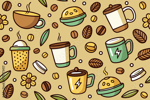 Delightful coffee themed pattern design, featuring steaming mugs, beans, and floral accents creating a warm and inviting vibe perfect for cafe decor and branding projects