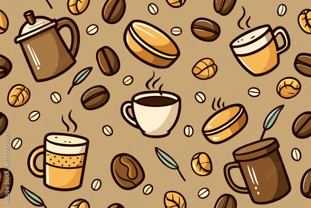Obraz premium Whimsical coffee pattern featuring steaming mugs, fresh beans, and aromatic leaves, perfect for cafe designs, menu backgrounds, or delightful food-themed projects