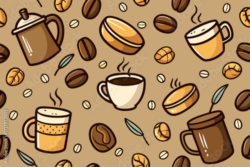 Whimsical coffee pattern featuring steaming mugs, fresh beans, and aromatic leaves, perfect for cafe designs, menu backgrounds, or delightful food-themed projects