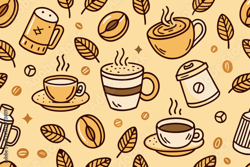 Delightful coffee themed seamless pattern, perfect for menu designs, cafe branding, or a cozy coffee shop wallpaper, radiating warmth and inviting coffee vibes
