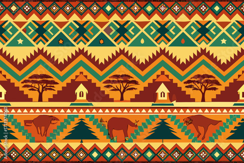 Vibrant tribal pattern with geometric shapes, animal silhouettes, and nature elements evokes a sense of cultural heritage and artistic expression for creative projects