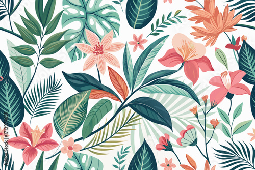 Elegant tropical bloom pattern for modern textiles and designs, evoking a fresh, vibrant style, perfect for summer collections and eye-catching commercial projects