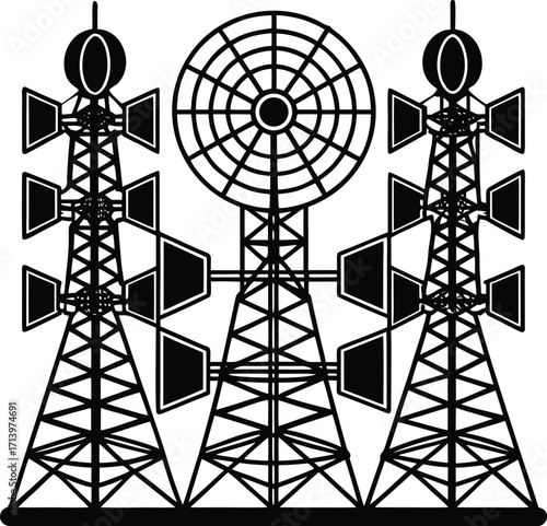 Blue-sky wireless communications flow across a high metal cell tower, a pylon of steel and cable bringing power to a mobile phone network