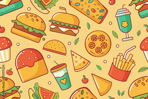 Cheerful fast food pattern perfect for menus or fun designs featuring burgers, pizza, fries, and drinks, creating a playful, appetizing vibe for restaurants