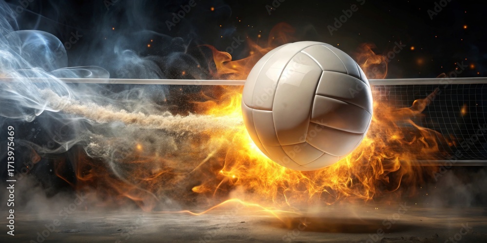 Fototapeta premium Fiery Volleyball Soaring Over the Net, Embracing the Intensity of Competition, a Dramatic Display of Athleticism and Power