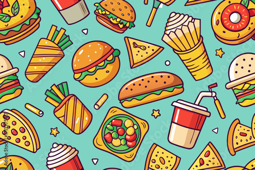 Fun vibrant fast food seamless pattern perfect for restaurant menus, food blogs, or playful designs that bring a touch of deliciousness and whimsy