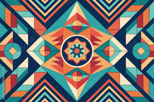 Stunning geometric design with a Southwestern flair, perfect for vibrant, modern backgrounds or textile designs, offering a visually engaging and unique aesthetic