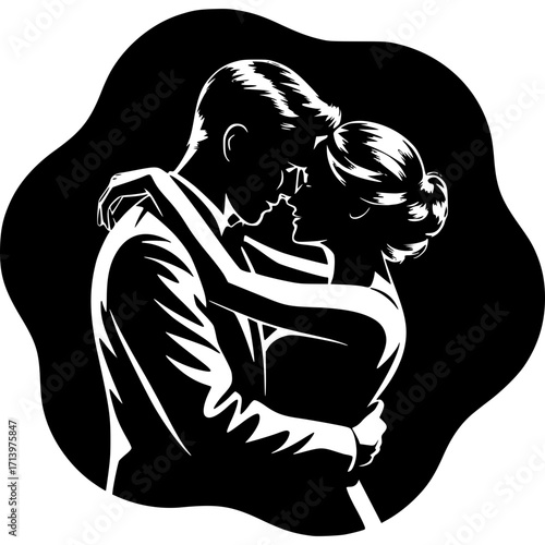 Eternal Embrace: A silhouette of a couple, intertwined in an intimate embrace. Their figures, etched against a black canvas, portray the enduring beauty of love and companionship.