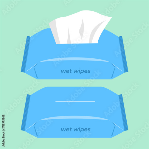 A pack of wet wipes with one wipe pulled out, practical for cleaning the face or wiping hands, flat art design style.
