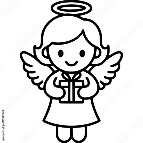 Angel with Gift: A celestial angel, wings outstretched and halo gleaming, joyfully presents a gift in a charming cartoon illustration, perfect for spreading festive cheer and goodwill.