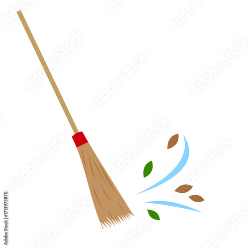 Traditional broom with a wooden handle, a tool for cleaning light waste and dry leaves from the yard, flat art design style.

