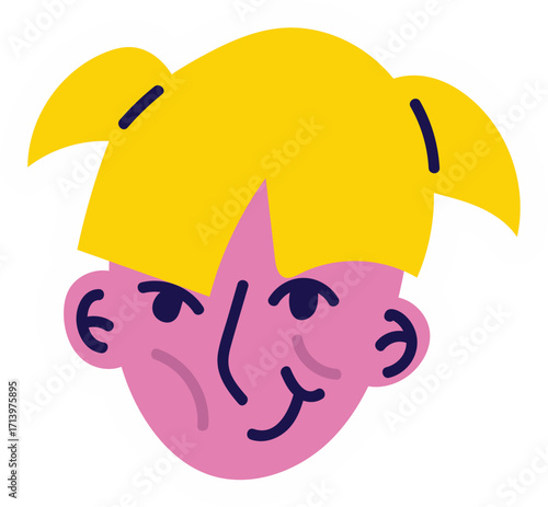 Abstract graphic illustration of a girls face with bright yellow pigtails and a smug playful expression.