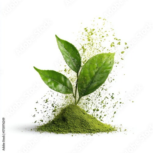 Vibrant green tea leaves sprout from a pile of matcha powder, exploding into a fine dust cloud against a stark white background