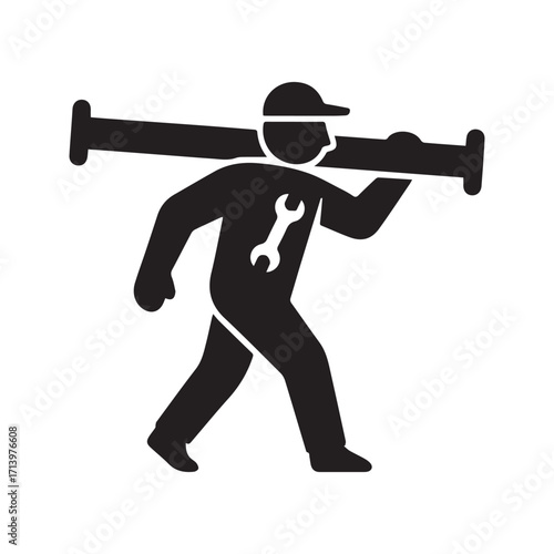 Plumber icon of a worker carrying a large pipe. Handyman or pipefitter silhouette with wrench symbol, logo for plumbing service.

