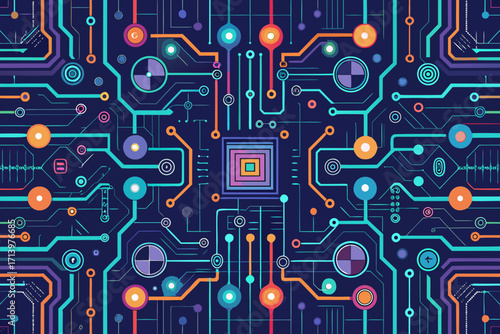 Modern circuit board design with vibrant colors, perfect for technology and futuristic themed projects, this abstract graphic offers sleek visual appeal