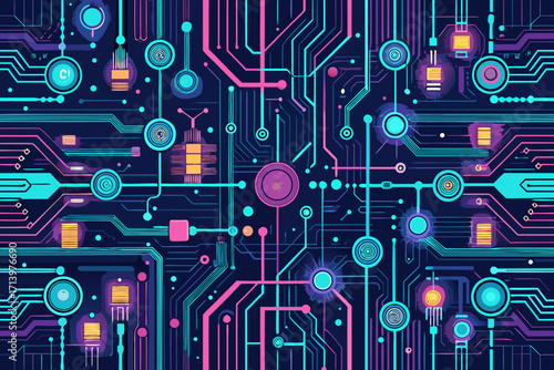 Futuristic motherboard design in vibrant neon colors, perfect for tech backgrounds, digital art projects, and innovative presentations, a modern circuit board aesthetic