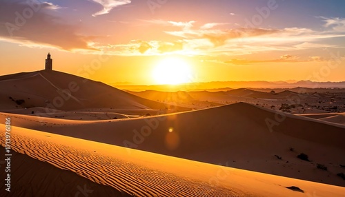 Fototapeta Naklejka Na Ścianę i Meble -  Golden sunset over desert dunes with a minaret