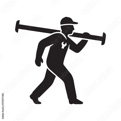 Plumber icon of a worker carrying a large pipe. Handyman or pipefitter silhouette with wrench symbol, logo for plumbing service.
