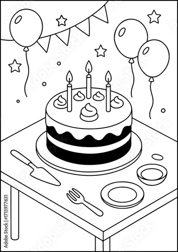 coloring page, Chocolate Delight, A rich chocolate cake with frosting and candles on top.
