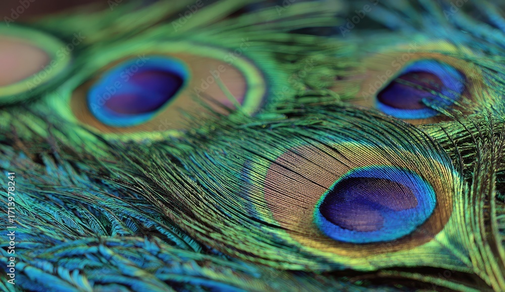 Fototapeta premium Close-up of peacock feathers, showcasing vibrant colors and intricate patterns