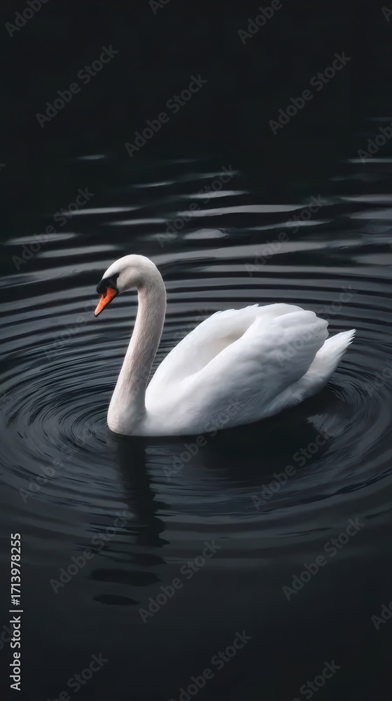 Fototapeta premium 白鳥と暗い水面の穏やかな波紋 静かな池の風景