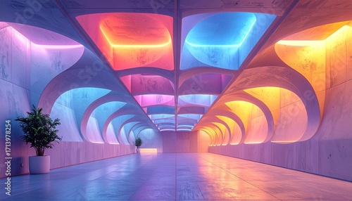 Abstract architectural tunnel illuminated by vibrant neon lights, featuring an open concept office animation with a modern, futuristic ambiance