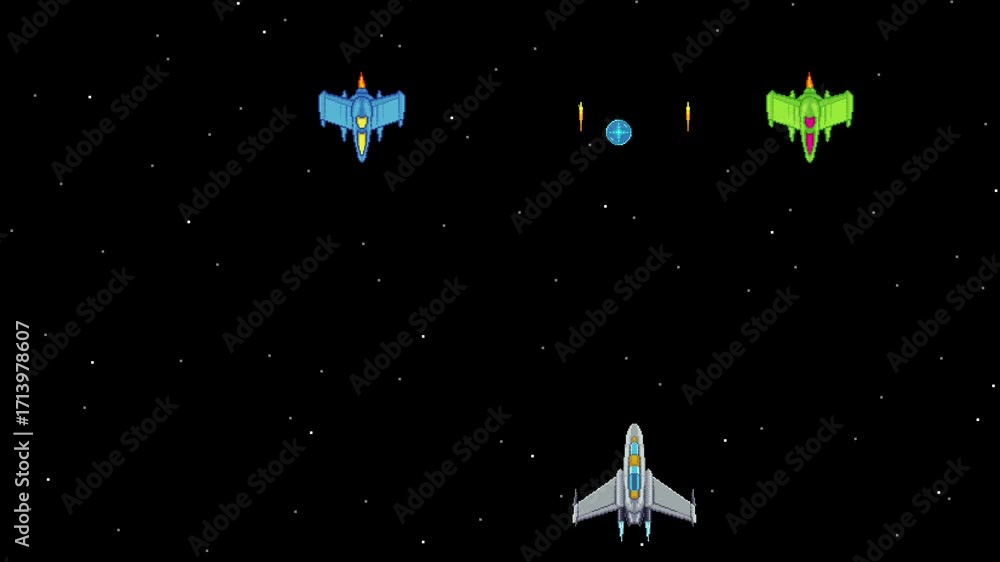 Seamlessly looping pixel art animation of an intense retro arcade space ...