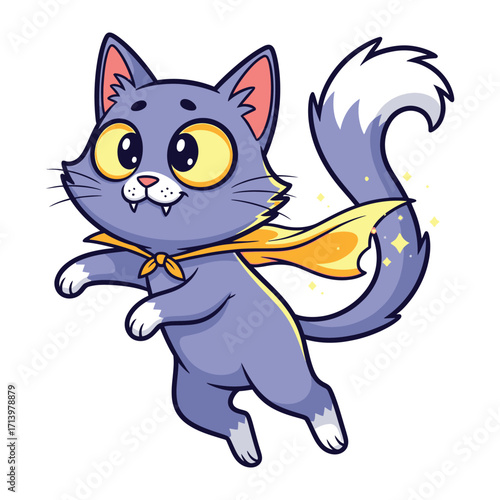 Superhero Cat: A cartoon illustration of a confident cat wearing a superhero cape, symbolizing strength, agility, and readiness to defend. 