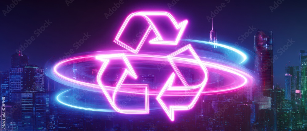Obraz premium A vibrant neon recycling symbol against a city skyline, conveying themes of sustainability and modernity.