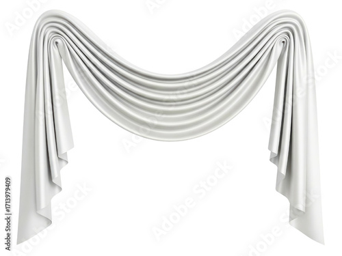 Elegant white silk fabric draped in a decorative curtain swag on a transparent background