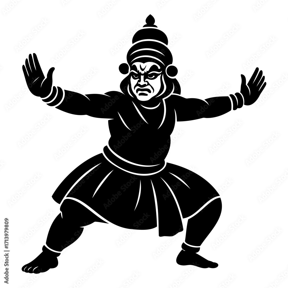 Obraz premium Kathakali Dance Silhouette Vector Traditional Indian Classical Performance Illustration