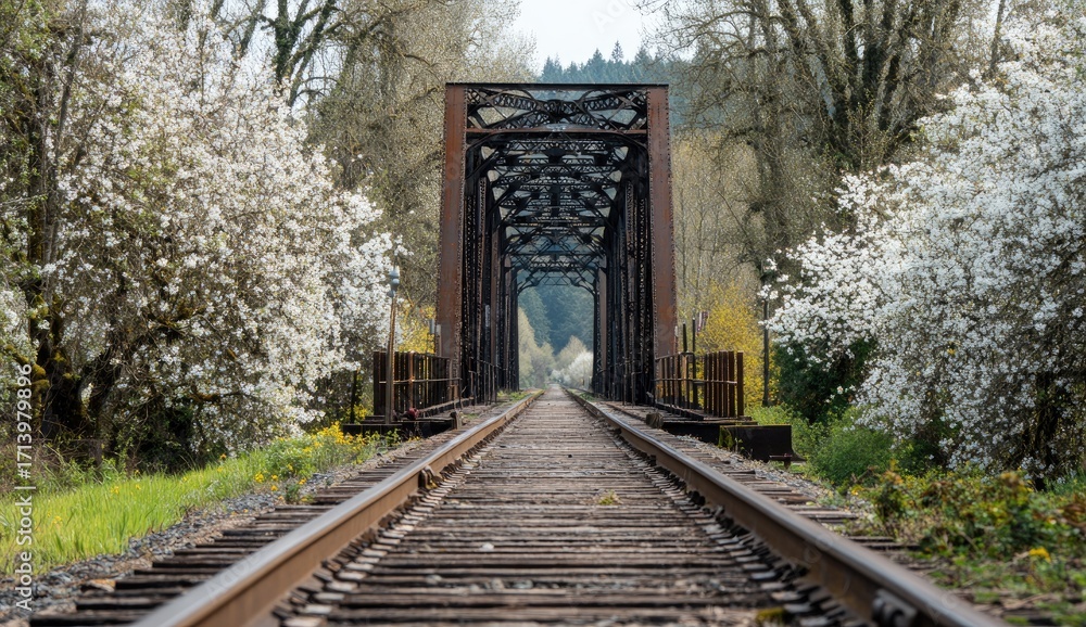 Fototapeta premium Old railway bridge through blossoming trees