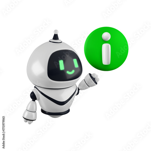 Vector cartoon 3d robot help illustration. Realistic 3d render smiling plastic robot character with green information sign. Artificial intelligence faq, AI support service concept, chat bot technology