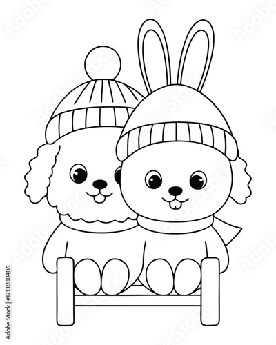 Cute dog and bunny on sled winter hats