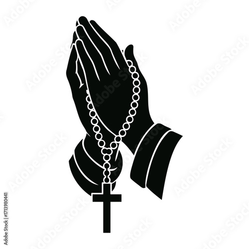 Christian Prayer Hands Silhouette Vector Religious Cross Rosary Illustration