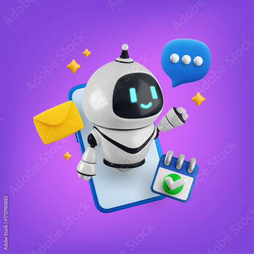 Vector cartoon 3d AI chat bot assistant banner. Realistic 3d render robot character on smartphone screen with message, mail, calendar icons. Artificial intelligence support service concept.