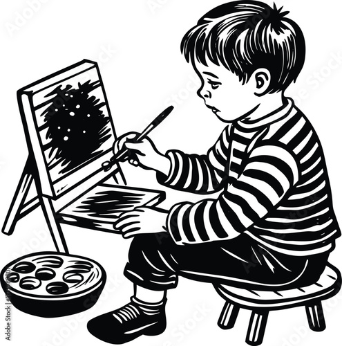 A cute cartoon boy character plays a wooden toy guitar