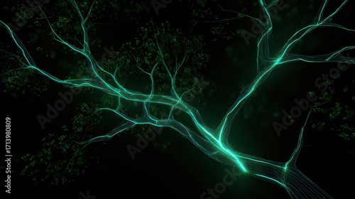A glowing, digital representation of a tree with intricate branches, illuminated by bright green lines against a dark background.