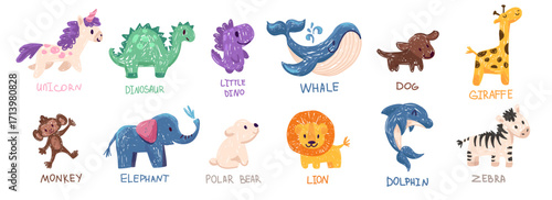 Cute crayon animal set, cute baby animal illustration, kids doodle scribbles with unicorn, dinosaur, whale, dino naive wax crayon art. Vector Cartoon hand drawn childish sketches