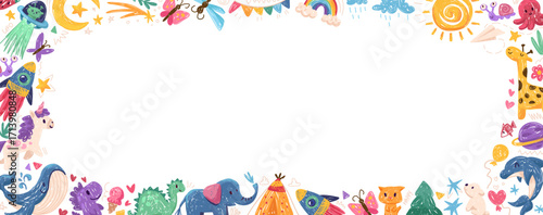 Colorful kid crayon frame with animal doodles drawn by colorful crayons. Childlike border with pencils and childish drawings on paper. Vector illustration for certificate, diploma, poster, bg
