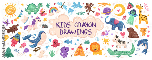 Kids drawing illustration, vector hand drawn children doodles. Cute kids background for your design, diploma, certificate. Vector cartoon elements on paper bg