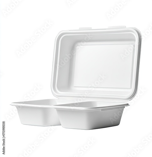 Open rectangular white food container, likely compostable, with two compartments