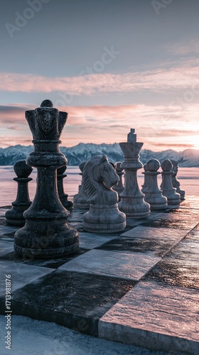 Chess Pieces On Snowy Landscape At Sunset