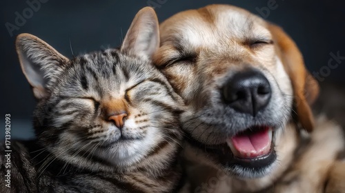 猫と犬の寄り添うポートレート 暗い背景