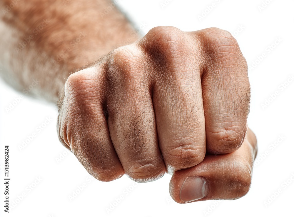Fototapeta premium Close-up of a clenched fist. A man's hand is tightly balled into a fist, with visible skin texture. Against a white background