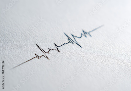 Close-up of a dark-colored EKG or heartbeat tracing on light-colored paper