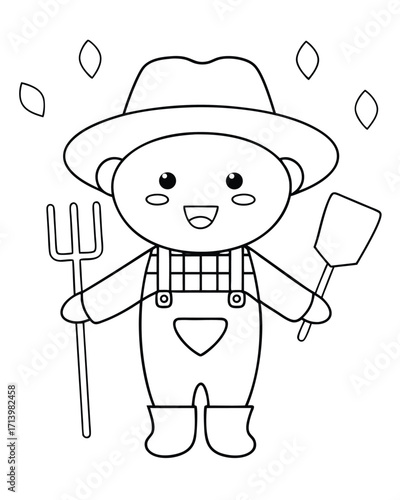 Happy cartoon farmer with pitchfork and shovel vector