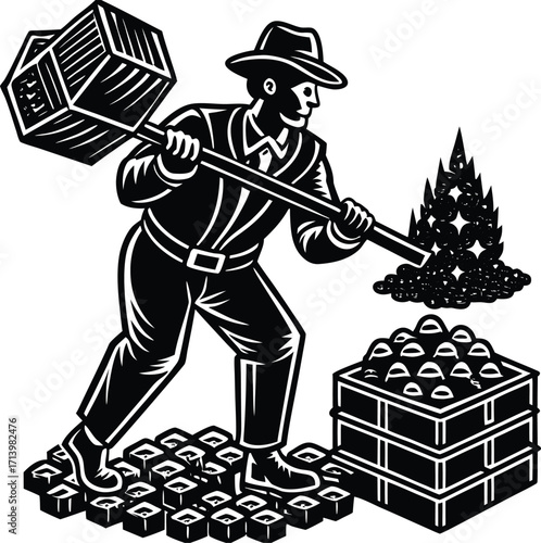 A fun cartoon vector illustration of a pirate warrior with a treasure chest, sword, and a woman