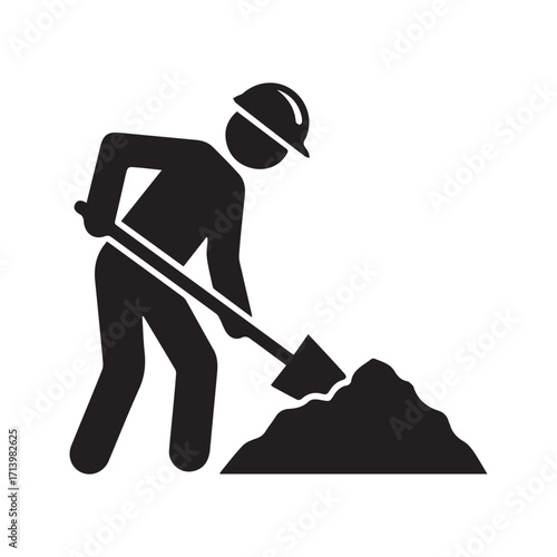 Construction worker with shovel icon. Laborer digging pictogram symbol for building and worksite.
